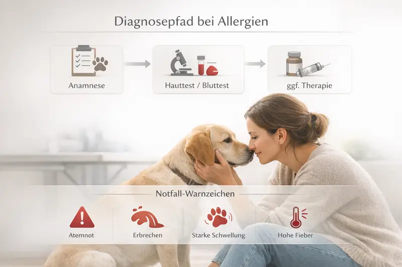 Infografik zum Diagnosepfad für Hunde mit Anamnese, Hauttest, Bluttest und Therapie.