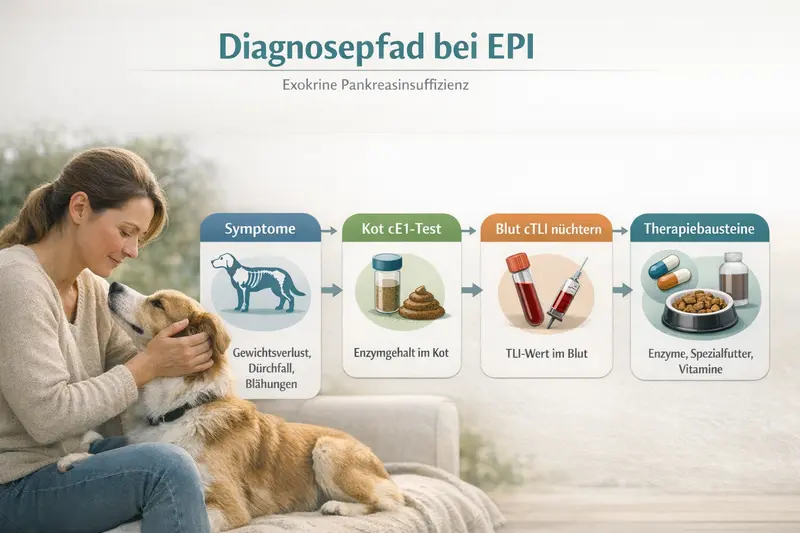 Infografik zeigt den Diagnosepfad bei EPI für Hunde mit Symptomen, Kotuntersuchung, Blutuntersuchung und Therapiebausteinen.