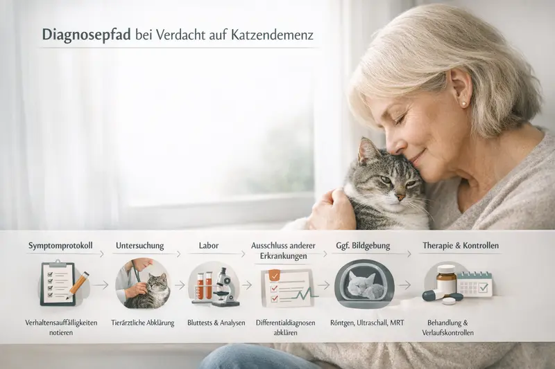 Infografik zum Diagnosepfad bei Verdacht auf Katzendemenz mit klaren Schritten von Symptomen zur Therapie.