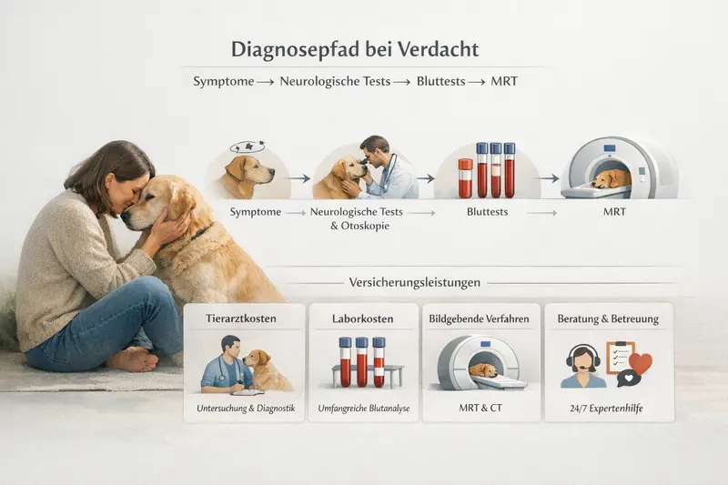 Infografik zeigt den Diagnosepfad beim Verdacht auf neurologische Probleme bei Hunden, inklusive neurologische Tests, Otoskopie, Bluttests und MRT.