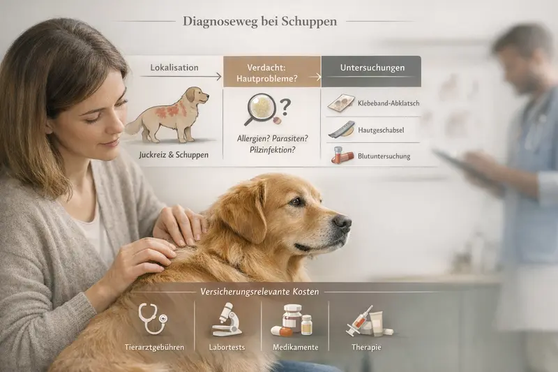 Infografik zum Diagnoseweg bei Schuppen beim Hund mit Untersuchungen und Kostenhinweisen.