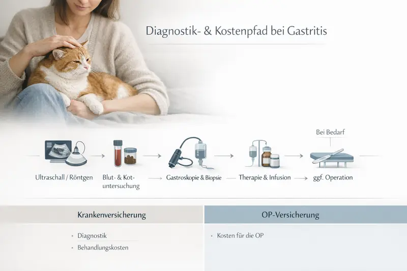 Infografik zu Diagnostik und Kosten von Gastritis bei Katzen, einschließlich Ultraschall, Röntgen und Therapie