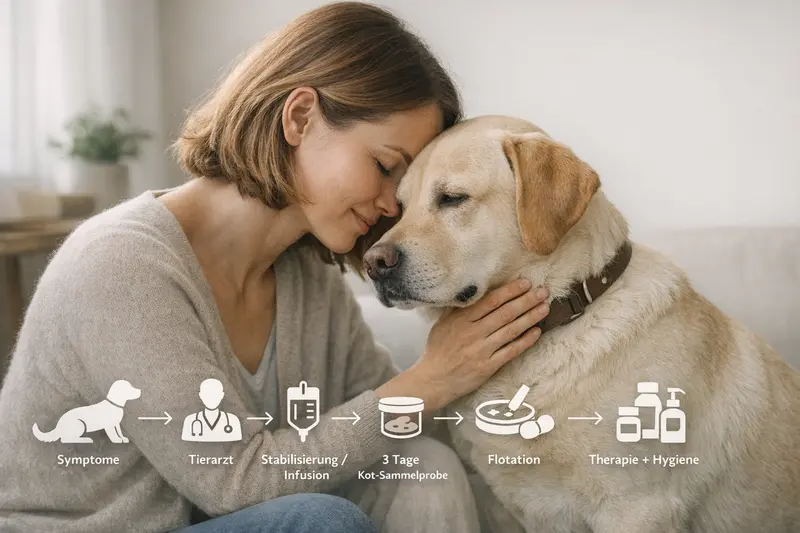 Infografik zeigt den Diagnostik- und Maßnahmenpfad für Hunde mit Symptomen, Tierarztbesuch und Behandlungsschritten.