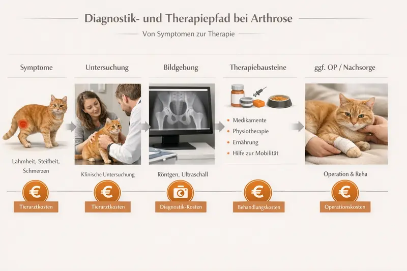 Infografik zum Diagnostik- und Therapiepfad bei Arthrose bei Katzen mit markierten Kostenpunkten.