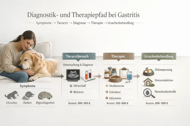 Infografik zum Diagnostik- und Therapiepfad bei Gastritis bei Hunden, inklusive Symptomen, Untersuchungen und Behandlungskosten.