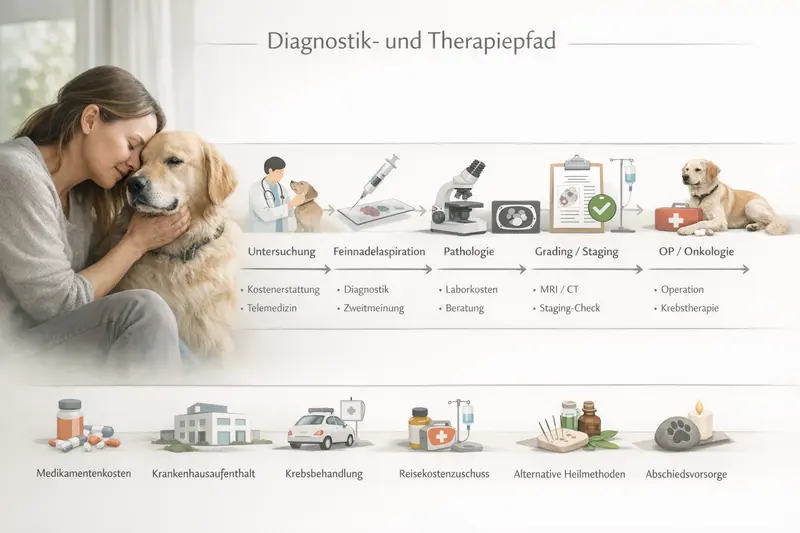Infografik zur Diagnostik und Therapie beim Hund von der Untersuchung bis zur Nachsorge