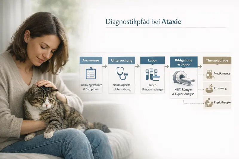Infografik zeigt den Diagnostikpfad für Ataxie bei Katzen, von der Anamnese über Untersuchung bis zur Therapie.