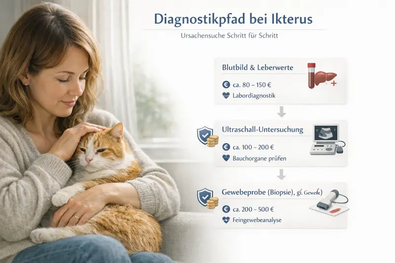 Infografik zeigt den diagnostischen Verlauf beim Ikterus bei Katzen, von Blutuntersuchungen bis zur Gewebeprobe.
