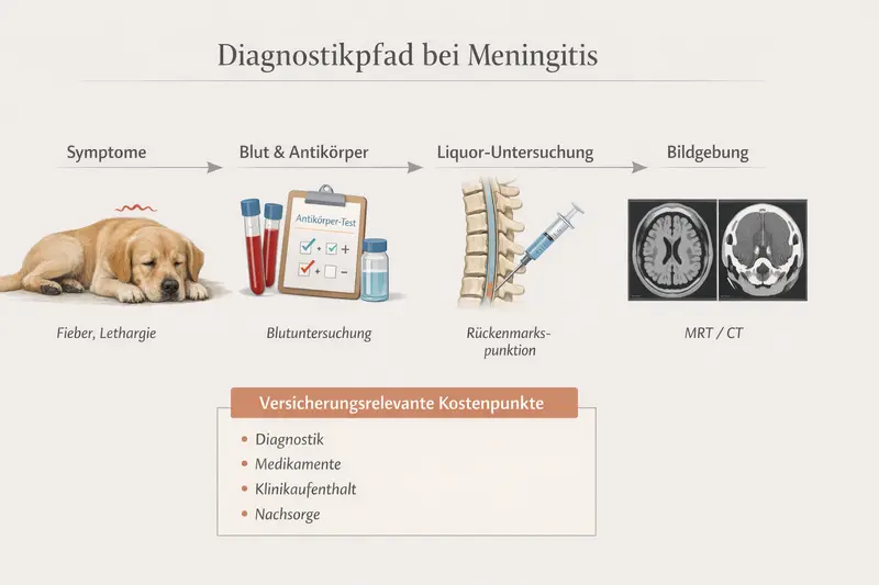 Infografik über den Diagnostikpfad bei Meningitis bei Hunden mit Symptomen, Blutuntersuchung, Liquor-Analyse und Bildgebung.