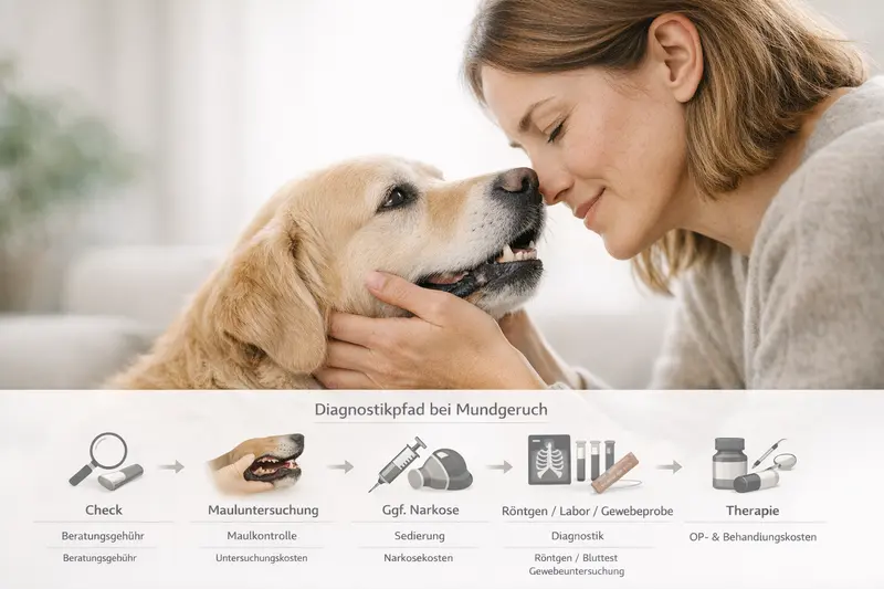 Infografik zum Diagnostikpfad bei Mundgeruch von Hunden mit relevanten Kostenpunkten für die Versicherung.