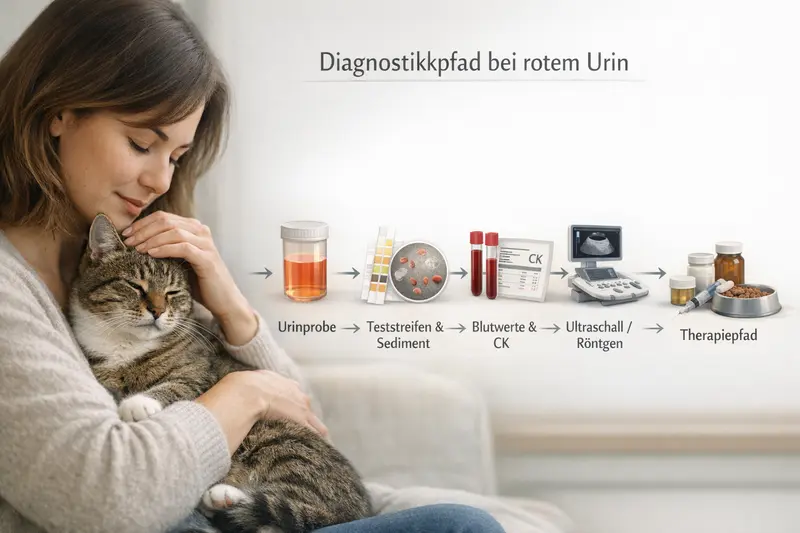 Infografik zum Diagnostikpfad bei rotem Urin von Katzen zeigt den Weg von der Urinprobe über Tests bis zur Therapie.