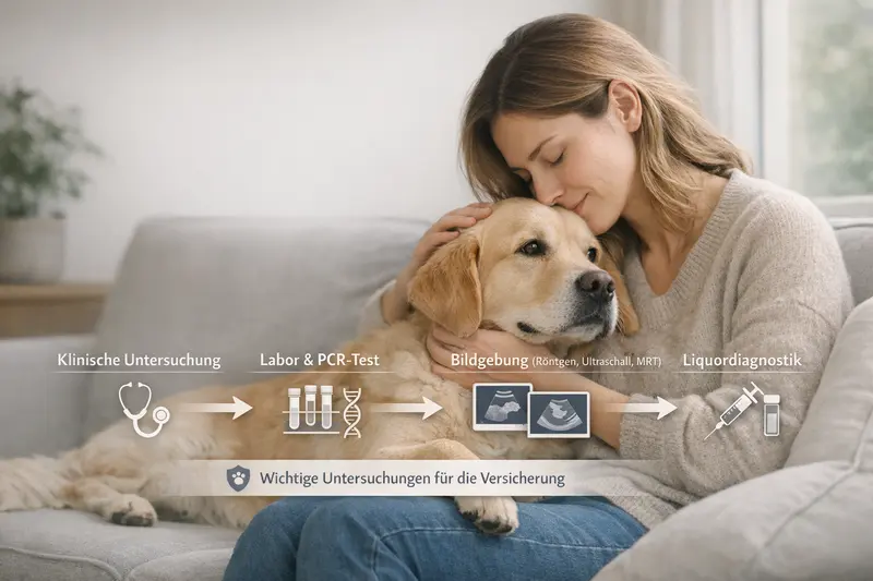 Infografik zum Diagnostikpfad bei Verdacht auf Erkrankungen bei Hunden, einschließlich Laboruntersuchungen und Bildgebung.
