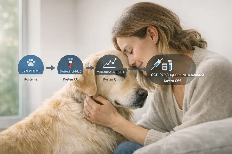 Infografik zeigt den Diagnostikpfad für Hundekrankheiten mit Symptomen, Bluttest und Verlaufskontrolle.