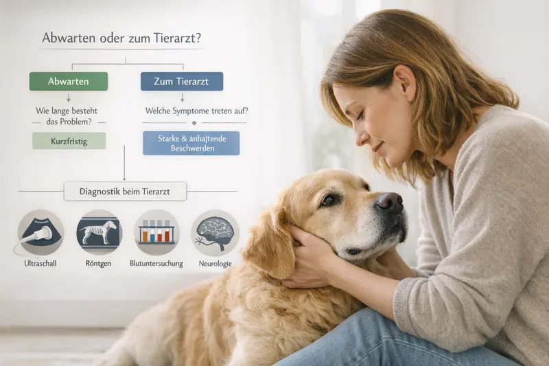 Entscheidungsbaum für Hundebesitzer zur Entscheidung zwischen Abwarten und Tierarztbesuch bei gesundheitlichen Symptomen.