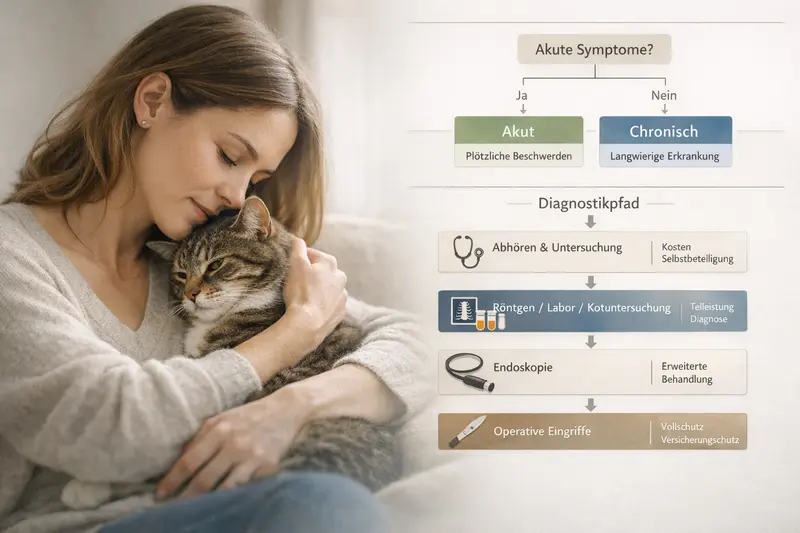 Infografik eines Entscheidungsbaums zur Unterscheidung zwischen akuten und chronischen Erkrankungen bei Katzen, einschließlich Diagnostikpfad und Kostenhinweisen.