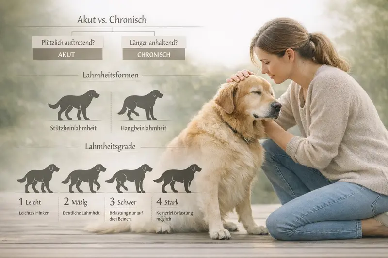 Infografik zu Lahmheitsformen bei Hunden und Entscheidungsbaum zwischen akuten und chronischen Erkrankungen.