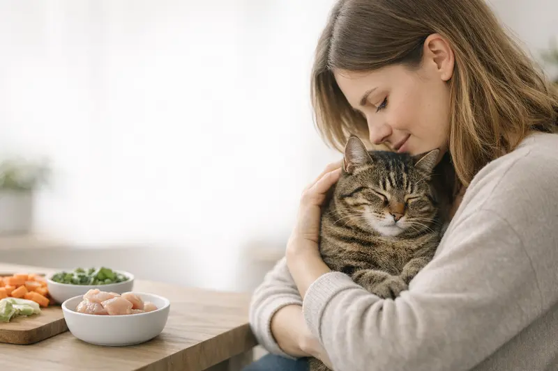 Entscheidungsbaum für Katzenfütterung: Alleinfutter oder selbst zubereitet mit Risikopunkten für Vitamine und Nährstoffe.