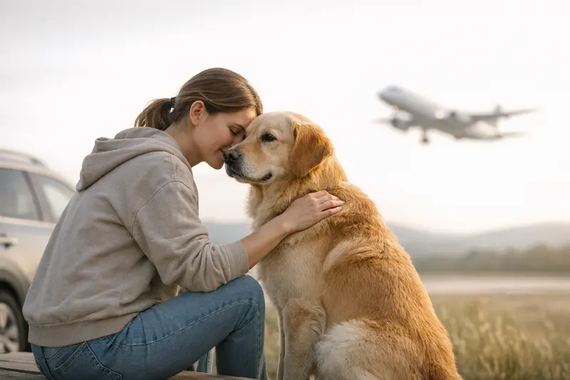 Entscheidungsbaum für Hundebesitzer zur Wahl zwischen Auto und Flugzeug für Reisen, mit Fokus auf Entfernung, Stress und Kontrolle.