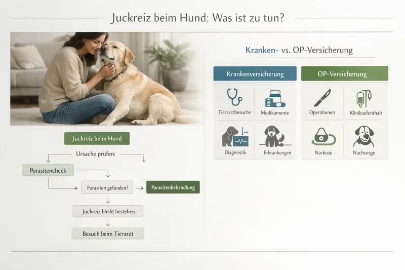Entscheidungsbaum bei Juckreiz bei Hunden mit Optionen für Parasitencheck und Tierarztbesuch