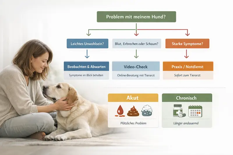 Infografik Entscheidungsbaum für Hundebesitzer zur Beurteilung von Notfällen.