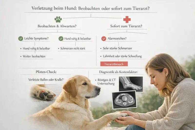 Entscheidungsbaum zur Einschätzung, ob der Hund sofort zum Tierarzt muss, inklusive Pfoten-Check.