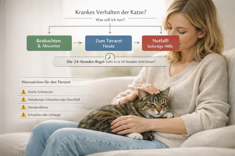 Entscheidungsbaum zur Beurteilung der Tiergesundheit einer Katze mit Hinweisen zu Beobachtung, Tierarztbesuch und Notfällen.