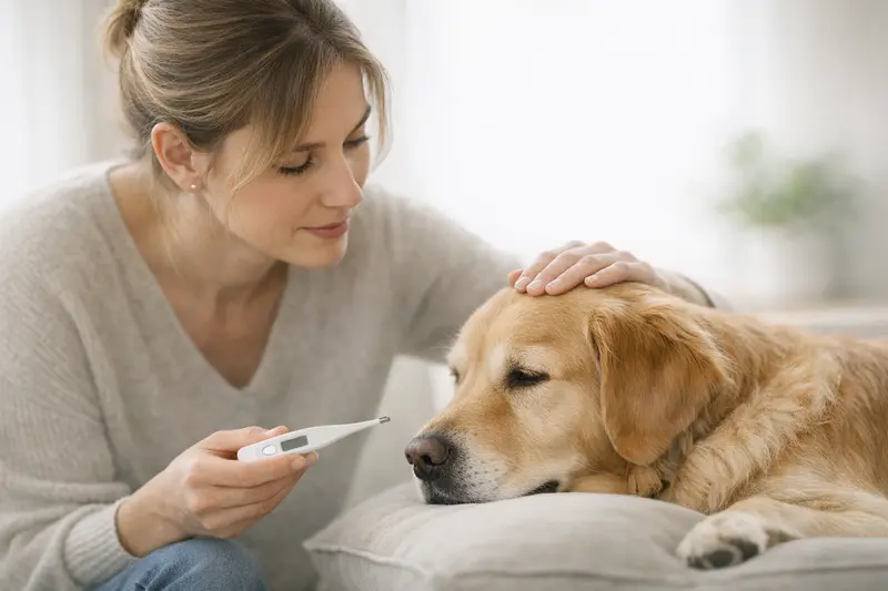 Entscheidungsbaum zur Beobachtung oder Tierarztbesuch bei Hunden mit Fieberwerten.