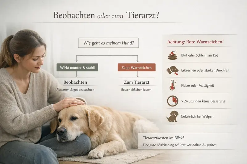 Entscheidungsbaum für Hundehalter: Beobachten oder Tierarzt aufsuchen bei Symptomen wie Blut, Schleim oder Erbrechen.