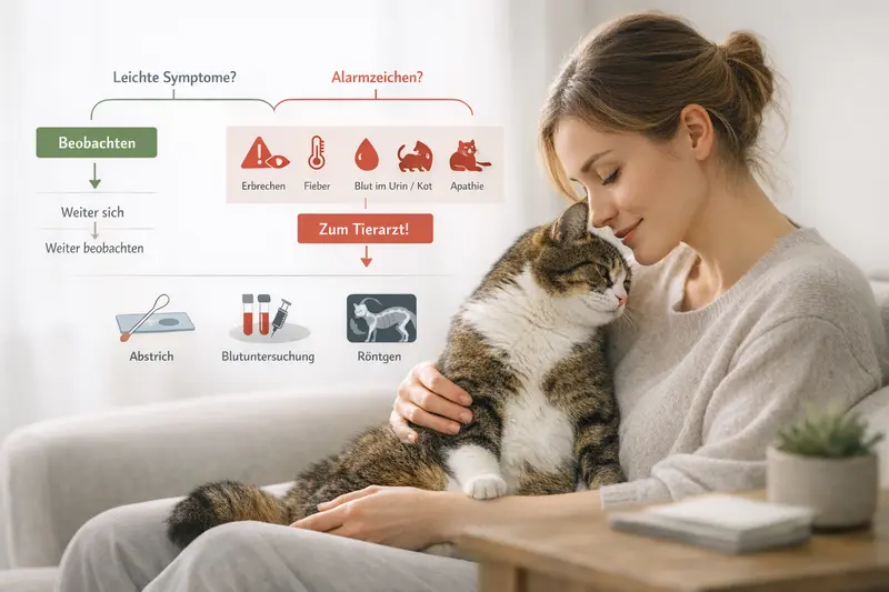 Entscheidungsbaum zur Beurteilung der Gesundheitszeichen bei Katzen mit Warnzeichen und Diagnostikpfad.