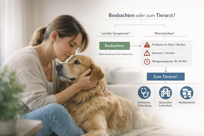 Entscheidungsbaum zur Beobachtung von Warnzeichen bei Hunden und zur Abwägung, ob ein Tierarztbesuch notwendig ist.