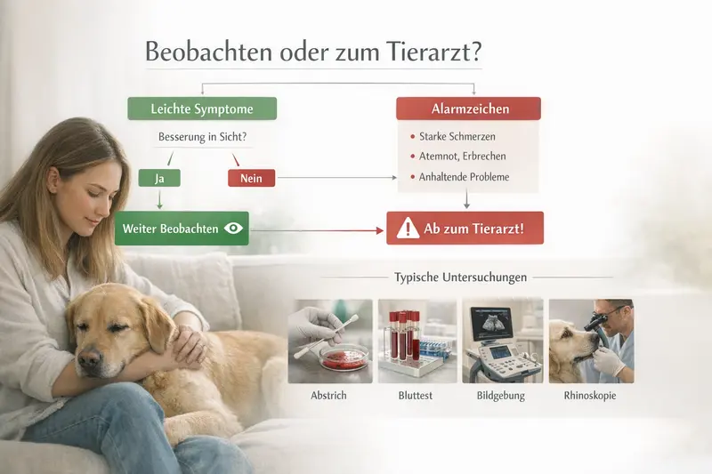Entscheidungsbaum für Hundebesitzer zur Abwägung zwischen Beobachten und Tierarztbesuch bei Warnzeichen.