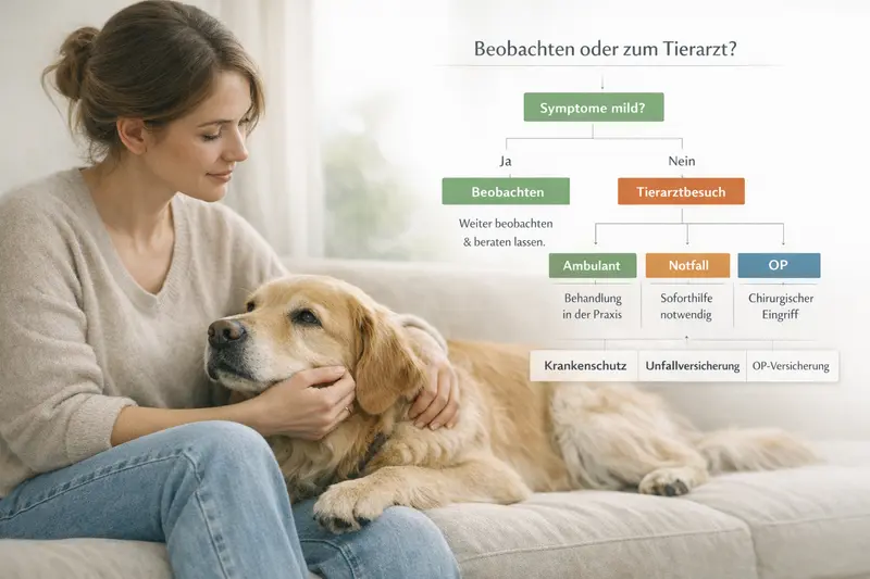Entscheidungsbaum für Hundebesitzer zur Unterscheidung zwischen Beobachtung und Tierarztbesuch mit Hinweisen zu ambulanten, Notfall- und Operationstypen sowie passenden Versicherungsarten.