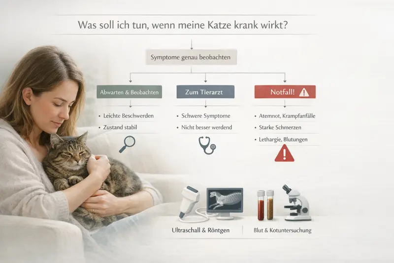 Infografik zur Entscheidungshilfe für Katzenhalter zwischen Beobachten, Tierarztbesuch und Notfall mit Warnzeichen.