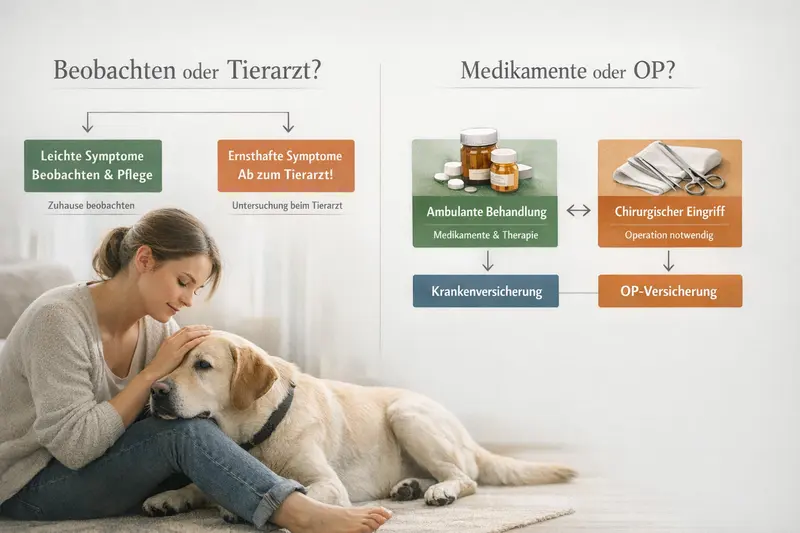 Infografik zum Entscheidungsbaum für Hundebesitzer zur Abwägung zwischen Beobachten und Tierarztbesuch.