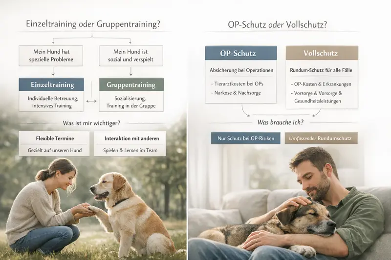 Infografik zeigt Entscheidungsbaum zur Wahl zwischen Einzeltraining und gemeinsames Training für Hunde sowie OP-Schutz und Vollschutz in der Tierkrankenversicherung.