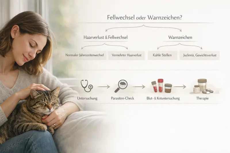 Entscheidungsbaum zum Thema Fellwechsel und Warnzeichen bei Katzen mit diagnostischem Pfad