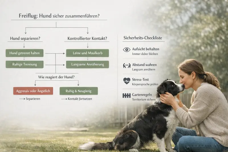 Entscheidungsbaum für den Freiflug von Hunden mit separieren und kontrolliertem Kontakt sowie Sicherheits-Checkliste.