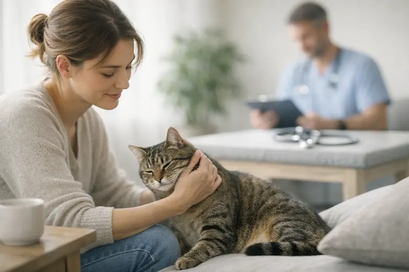 Entscheidungsbaum zur Geruchsentfernung bei Katzen, der Ursachen wie Katzenklo, Stress und Markieren prüft.
