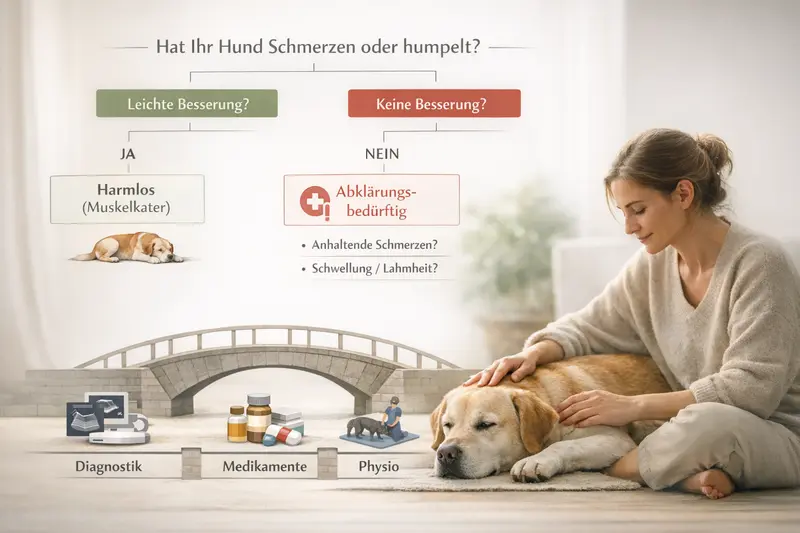 Infografik zur Unterscheidung zwischen harmlosen Muskelverspannungen und behandlungsbedürftigen Symptomen bei Hunden.