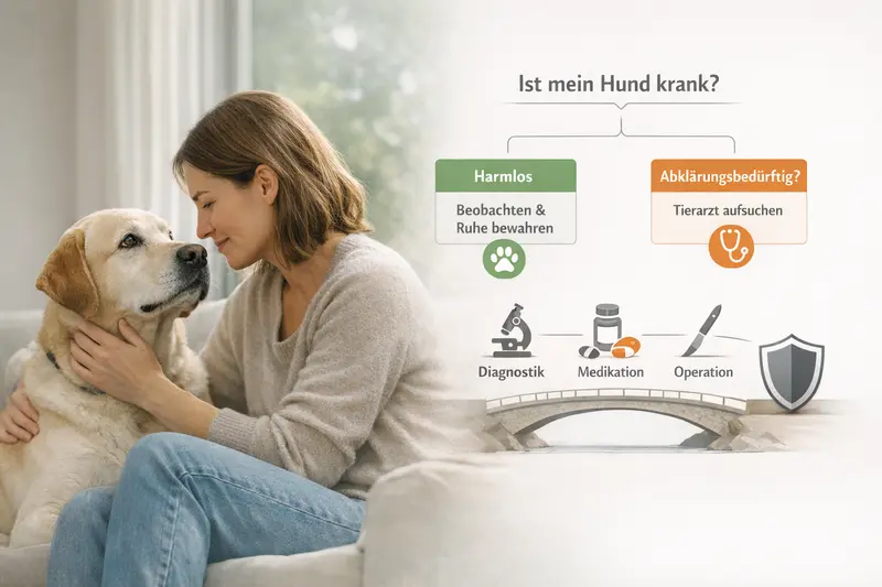 Entscheidungsbaum zur Beurteilung von harmlosen und abklärungsbedürftigen Symptomen bei Hunden mit Informationen zu Tierarztkosten.
