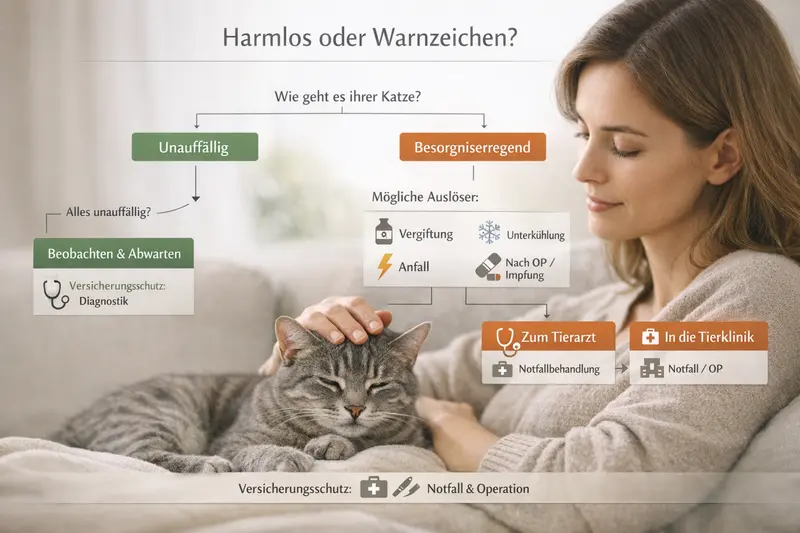 Infografik zu harmlosen Anzeichen und Warnzeichen bei Katzen mit verschiedenen Symptomen.