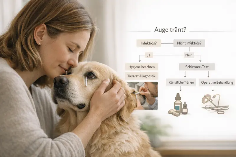 Entscheidungsbaum zur Unterscheidung infektiöser und nicht infektiöser Augenerkrankungen bei Hunden mit Schirmer-Test und Behandlungsmöglichkeiten.