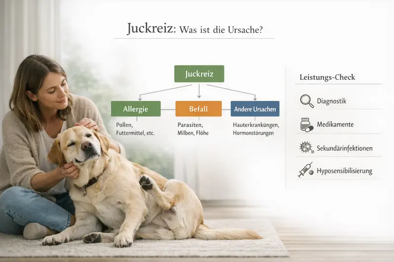 Infografik über Juckreiz bei Hunden mit Entscheidungsbaum zu Allergien, Befall und anderen Ursachen sowie Leistungs-Check zur Diagnostik und Behandlung.
