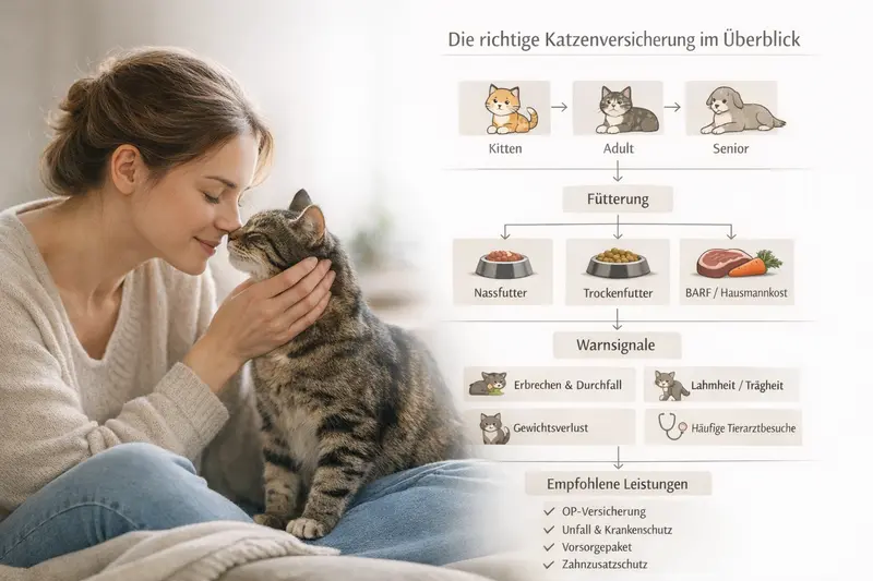 Infografik mit Entscheidungsbaum zu Katzenversicherung, unterteilt in Kitten, Adult und Senior mit Warnsignalen.