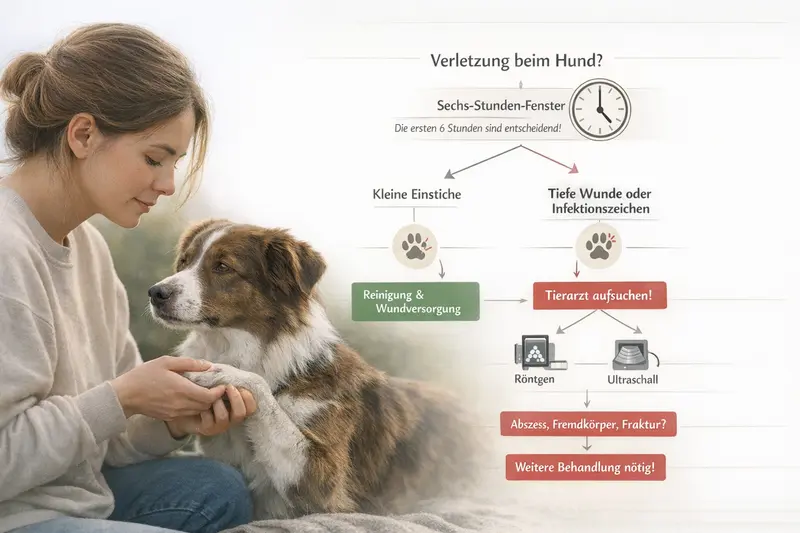 Entscheidungsbaum für Hundebesitzer zur Unterscheidung zwischen kleinen Einstichen und tiefen Verletzungen sowie Infektionszeichen.