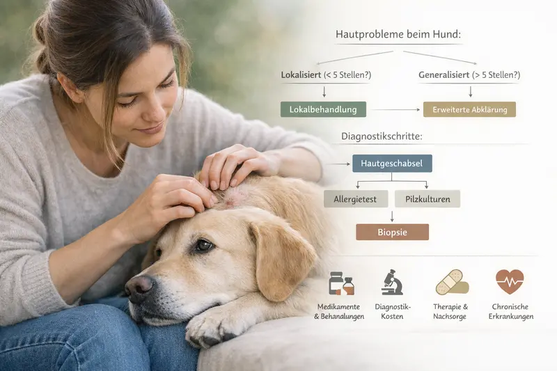 Entscheidungsbaum zur Diagnostik von Hautproblemen bei Hunden, inklusive finanzieller Aspekte der Tierkrankenversicherung.
