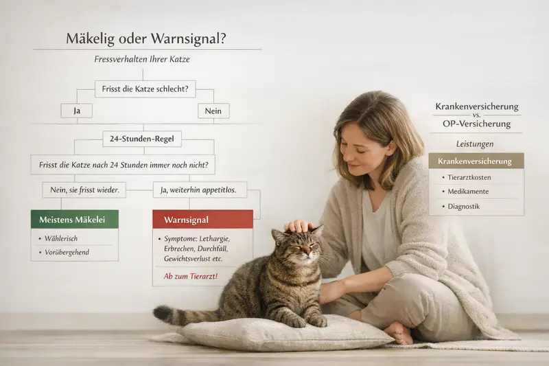 Entscheidungsbaum zu mäkeligen Katzen und Warnsignalen mit der 24-Stunden-Regel sowie einer Übersicht zur Kranken- und OP-Versicherung.