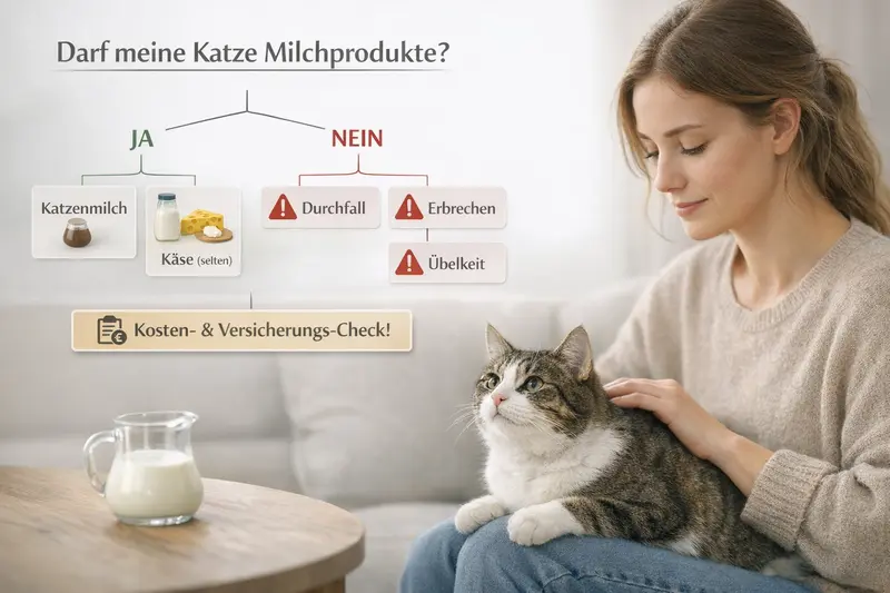 Entscheidungsbaum zu Milchprodukten für Katzen mit Alternativen und Warnhinweisen.