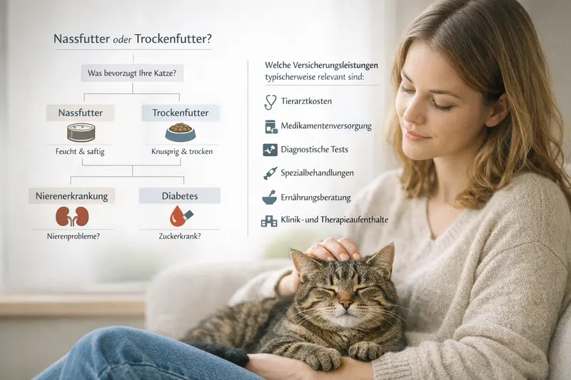 Infografik zeigt Entscheidungsbaum zu Nassfutter und Trockenfutter für Katzen sowie den Zusammenhang zu Nierenerkrankungen und Diabetes.