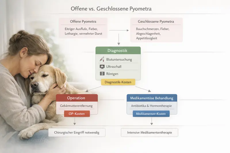Infografik, die einen Entscheidungsbaum zu offenen und geschlossenen Pyometra bei Hunden darstellt, inklusive Symptome, Diagnostik und Behandlungskosten.